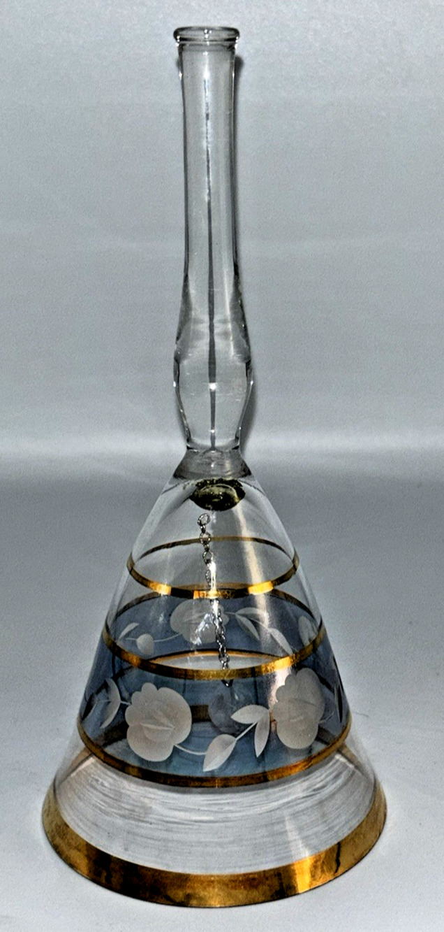 Clear Lead Crystal Bell Blue Etched Flowers Gold Trim and Rim